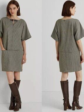 New Lauren Ralph Lauren Buckle-Trim Short Sleeve Shift Dress Women's Medium